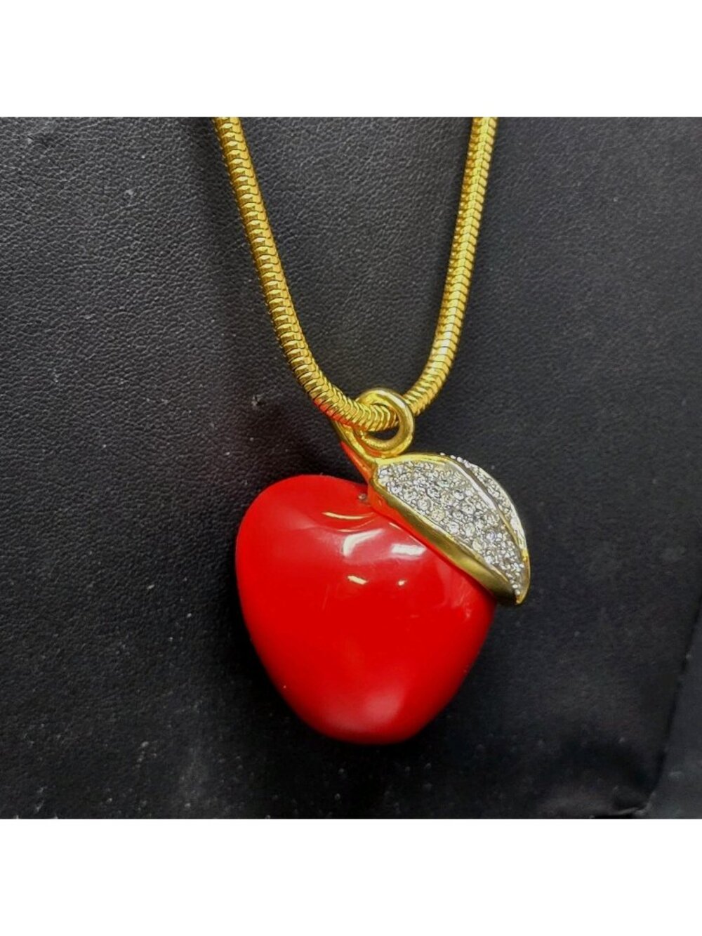Kenneth Jay Lane KJL Red Apple Pendant Necklace Book Piece 24" Avon Snake Chain
